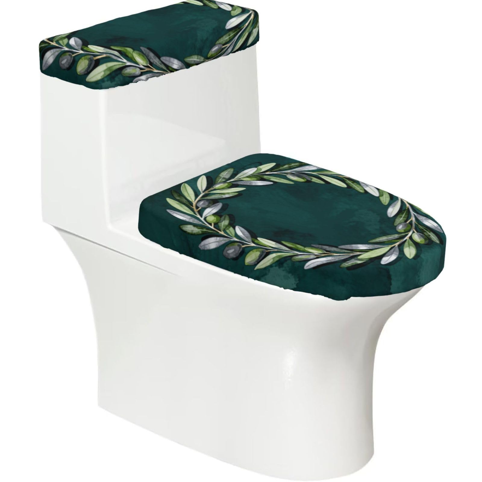 Cntdbu Black Olive Branch Wreath Stretchy Toilet Lid And Tank Cover Set-Soft Elastic Bathroom Decor For U Shape Oval