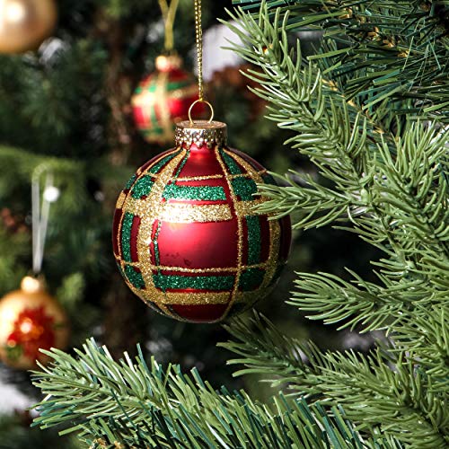 Costyleen Christmas Decoration Colorful Glass Balls Ornaments Set Festival Home Party Decors Xmas Tree Hanging Pendant Red Flowers Patterns 9Pc Green Gold 2.7In #TOP4