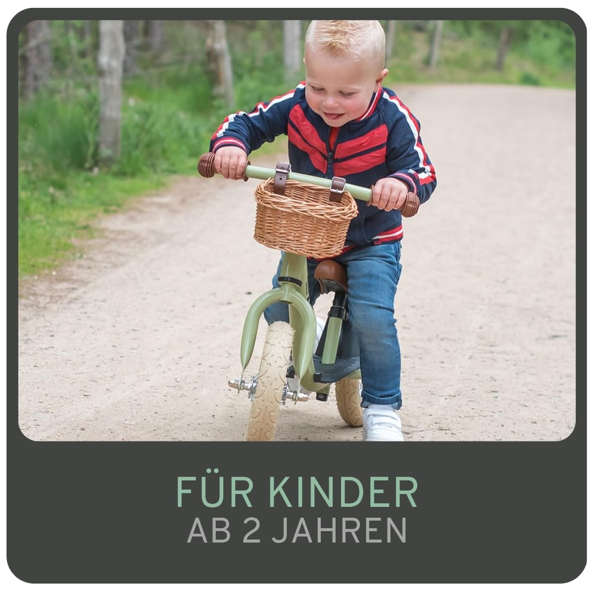 Bandits & Angels Laufrad aus Metall mit Weidenkorb mit Trittbrett ab 2 Jahren – Lauflernrad – Verstellbarer Sattel 29 bis 39 cm – Für Jungen und Mädchen – Niedriger Einstieg
