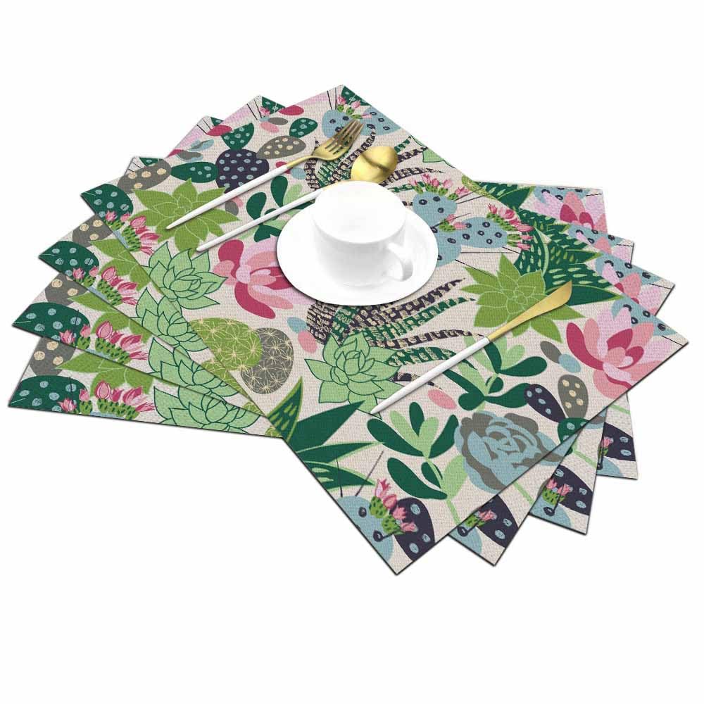 Walmsco Placemats Pink Succulent Green Cactus Plant Decor For Dining Room Kitchen Table,Waterproof Non-Slip Washable Heat Resistant Placemats,Set of 4,12"x18" - Image 2