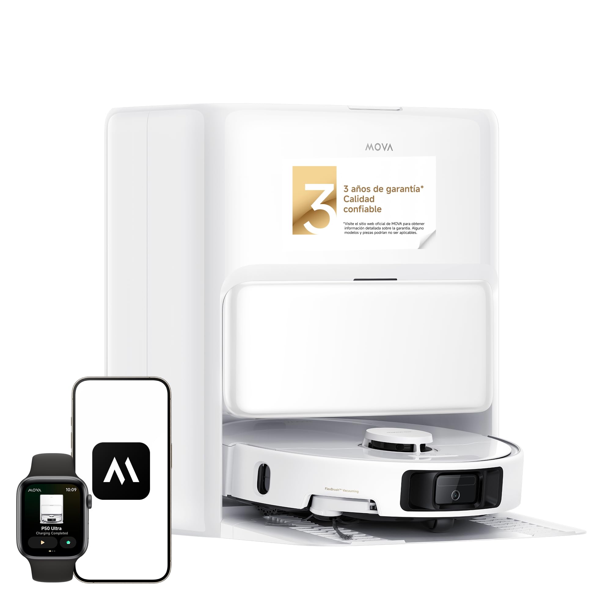 Mova Robot Aspirador P50 Ultra con mopa Flexible, succión de 19 000 Pa, Limpieza de Bordes y Esquinas, autolimpieza de la Superficie de Lavado y Las mopas a 75 ℃, Vaciado automático