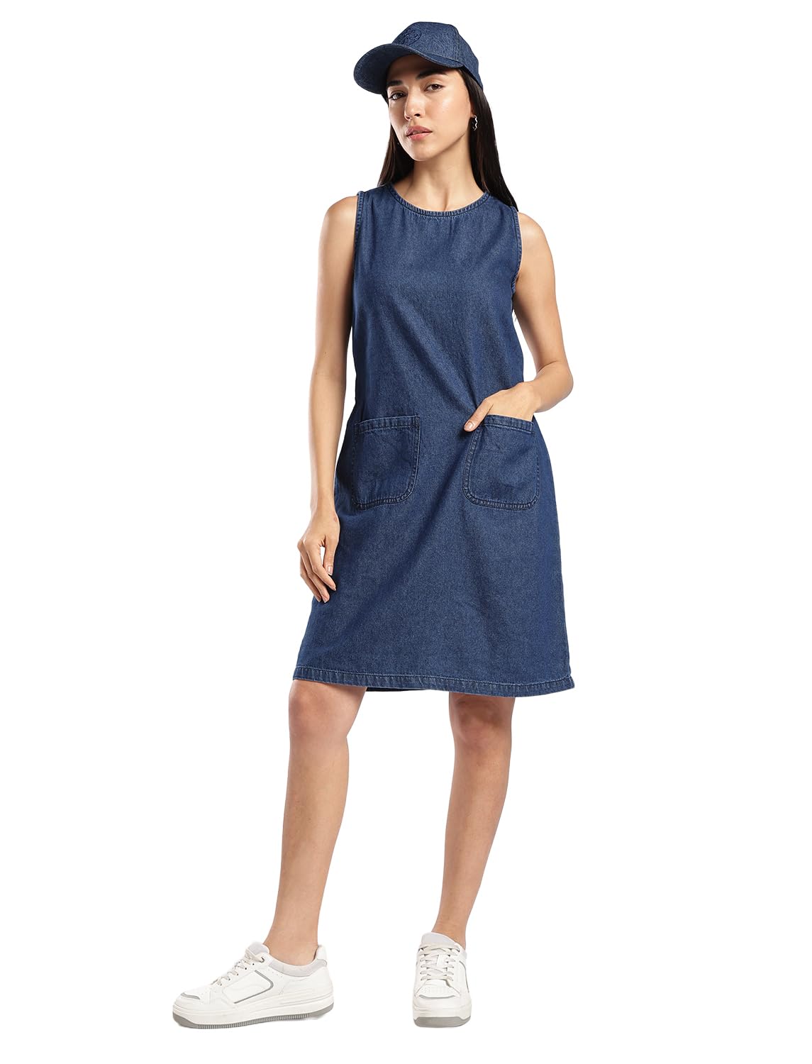 inkd Women's Sleeveless Denim Dress - 100% Cotton | One Piece Dress for Women | Frock for Woman | Adjustable Waist | Double Patch Pockets-picture-16