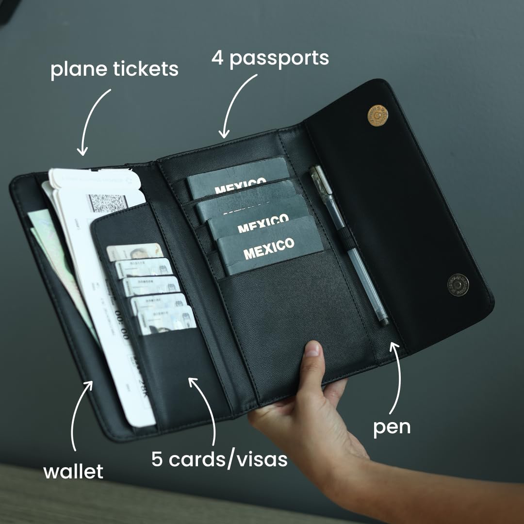 Soporte para pasaporte familiar – Cartera para 5 pasaportes, visas, billetes y dinero – Soporte para pasaporte para familias – Cartera de viaje para almacenar pasaportes – Organizador de documentos de