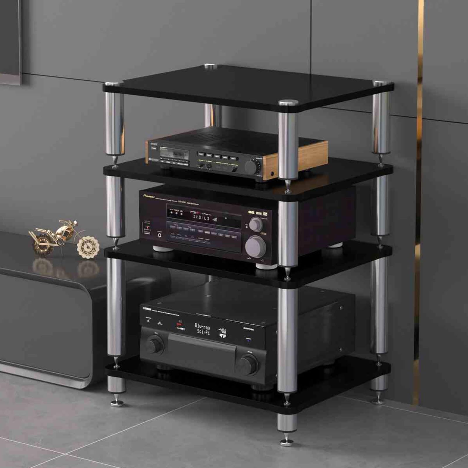 YQMHEZ AV Media Stand, Open Stereo Cabinet, Floor Standing Audio Rack Component Cabinet, Media Storage Cabinet Storage Wooden Shelf, for Living, Gaming, Recording Room(Black,4 Tier-23.6x18.8x29.9in)