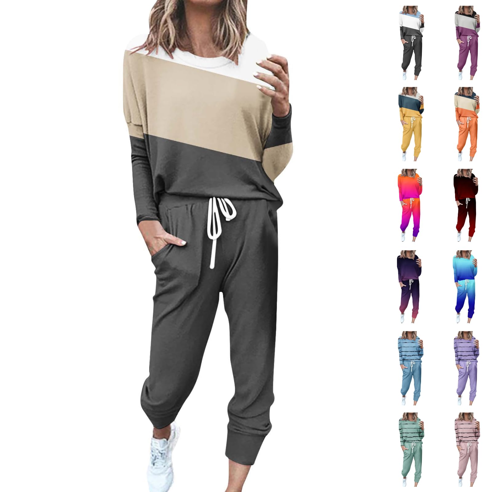 ChdirnelyTracksuit Womens Full Set Two Piece Outfit Long Sleeve Sweatshirt and Drawstring Baggy Jogger Pants Lounge Wear Sets for Women UK Co Ord Sets Yoga Gym Home Casual Suit