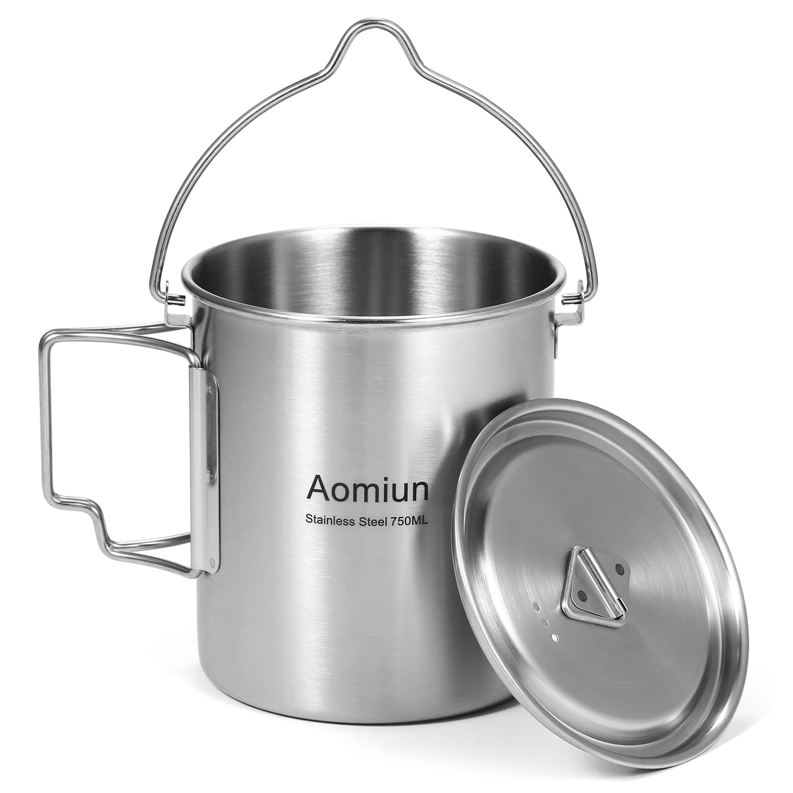 750ml Stainless Steel Pot Portable Water Mug Cup with Lid and Foldable Handle Camping Cooking Picnic