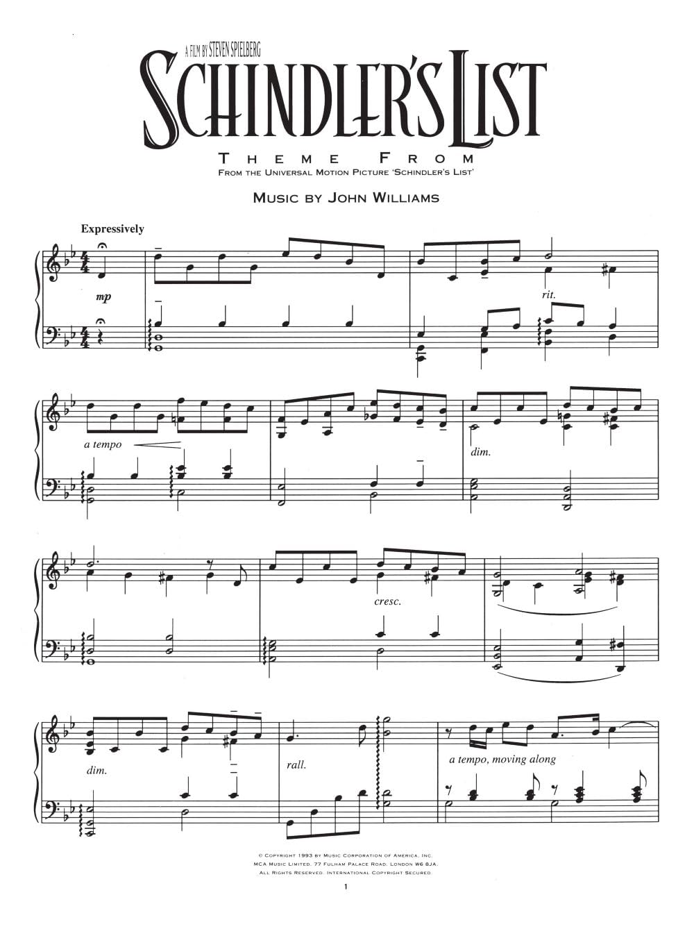 Theme From Schindler's List. Klavier Solo.