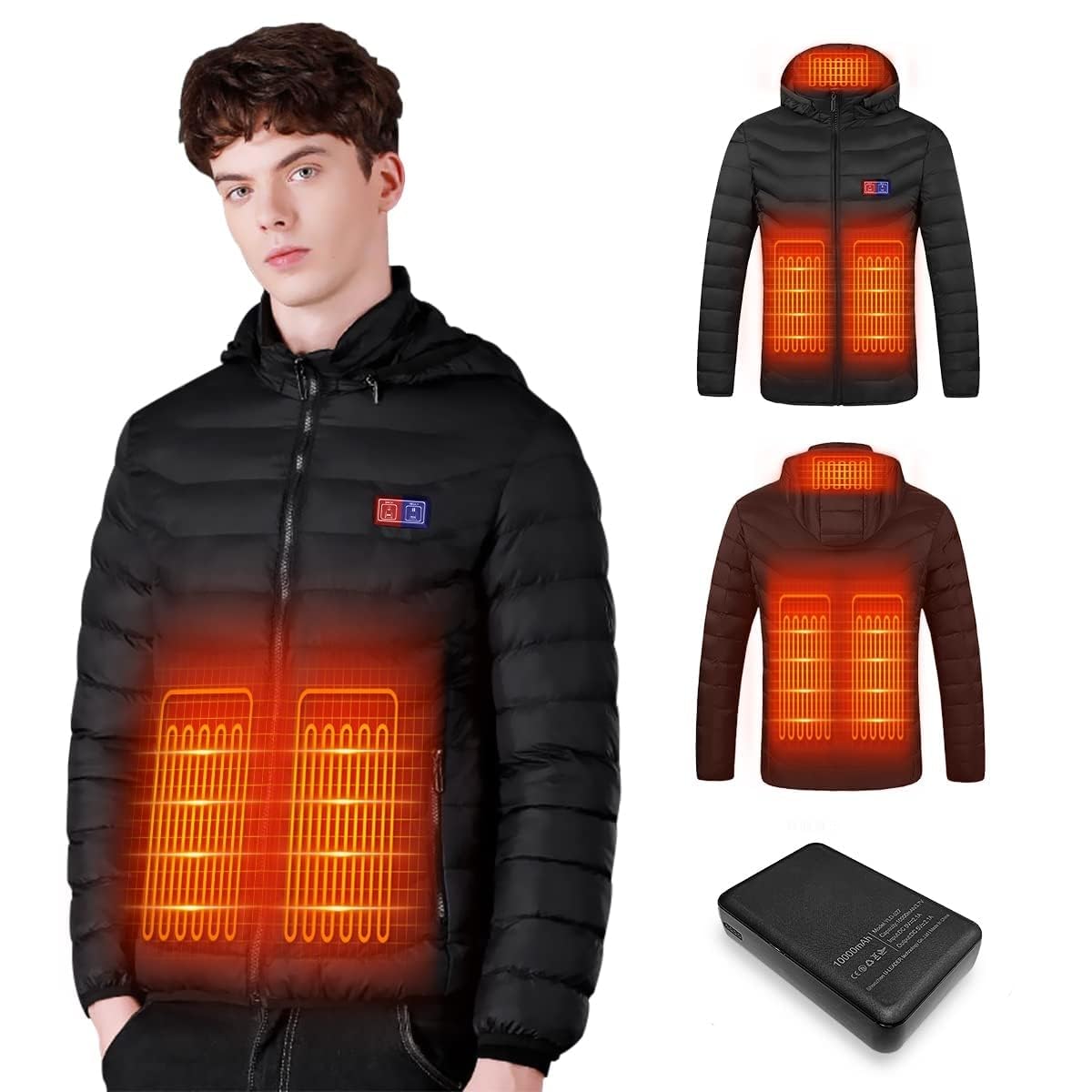 Veste Chauffante Homme et Femme - Blouson Chauffant USB Électrique avec Batterie 10000mAh, 5 Zones Chauffantes & 3 Niveaux de Température - Manteau Doudoune à Capuche pour Hiver et Moto