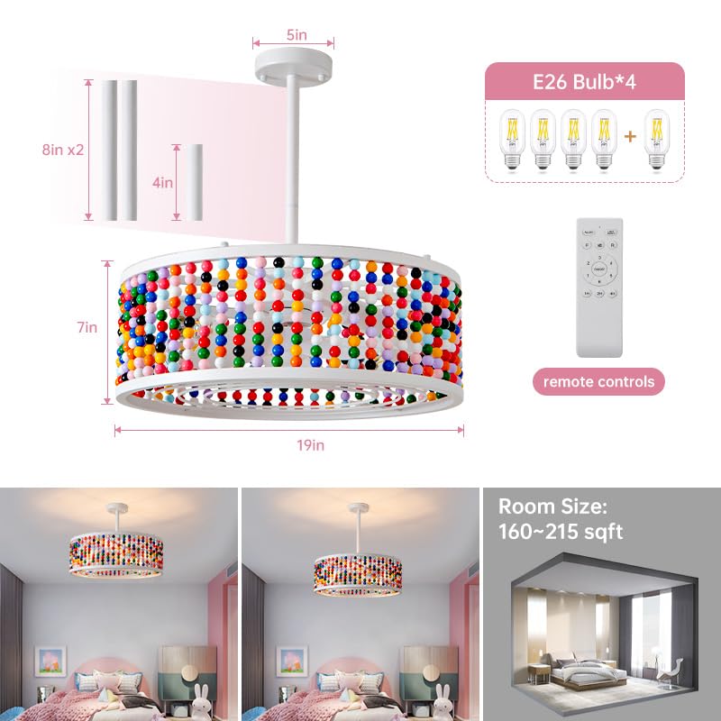 Image of Ceiling Fans with Lights and Remote and Downrod, Caged Ceiling Fan with Handcrafted Beaded Decor 6 Speeds Reversible 19 inches Bulbs Included for Angled Ceiling, Colorful