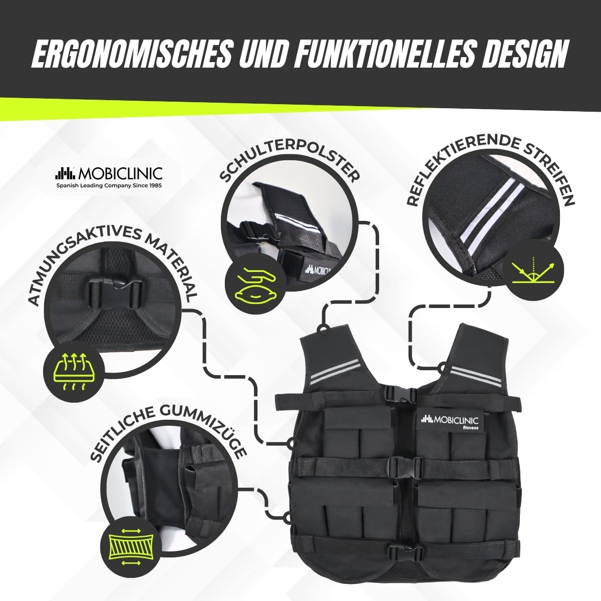 Mobiclinic®, Gewichtsweste, 10/20kg, Weighted vest, Verstellbar, Langlebig, 600D-Oxford-Gewebe, Inklusive Gewichte, Reflektierende Streifen, Gewichtsweste für körperliches Training, Iron