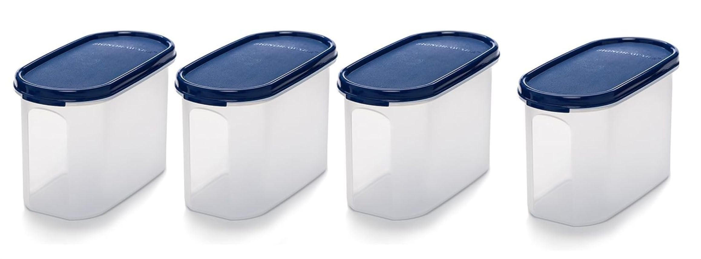 SignoraWare Modular BPA Free Plastic Oval Container | Airtight Lid | Retain Crispness | Non Toxic & odour free | Ideal for storing Rice, Sugar, Poha & Roasted Peanuts (1.1 Ltrx4 | Set of 4 | Blue)