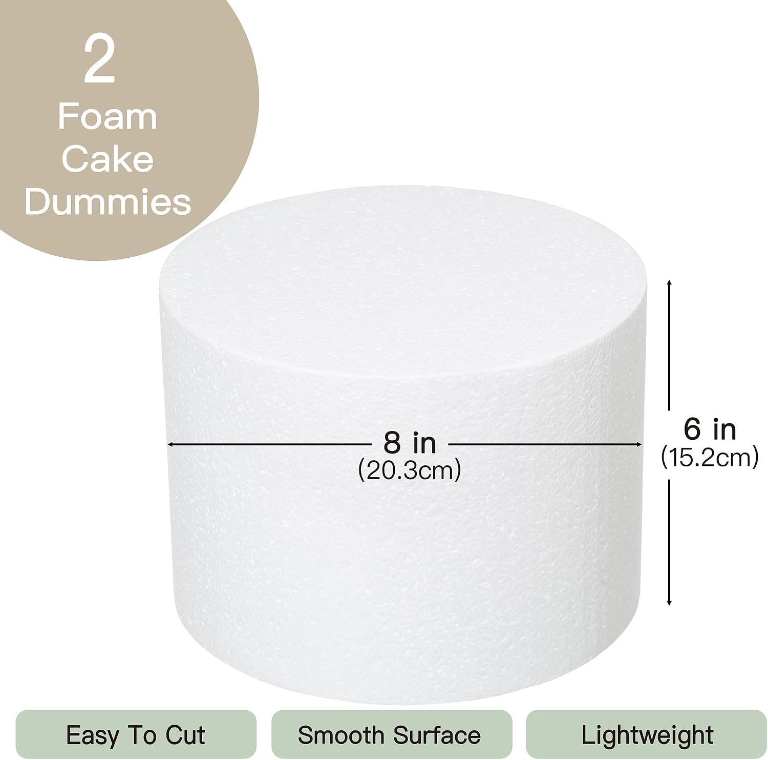 Crafare 8x6Inch Foam Dummy Round Cake for Crafts 2pcs 8 Inch Round Cake Dummy Discs for Cake DIY Projects Wedding Holiday Christmas Crafts Making and School Modeling, white