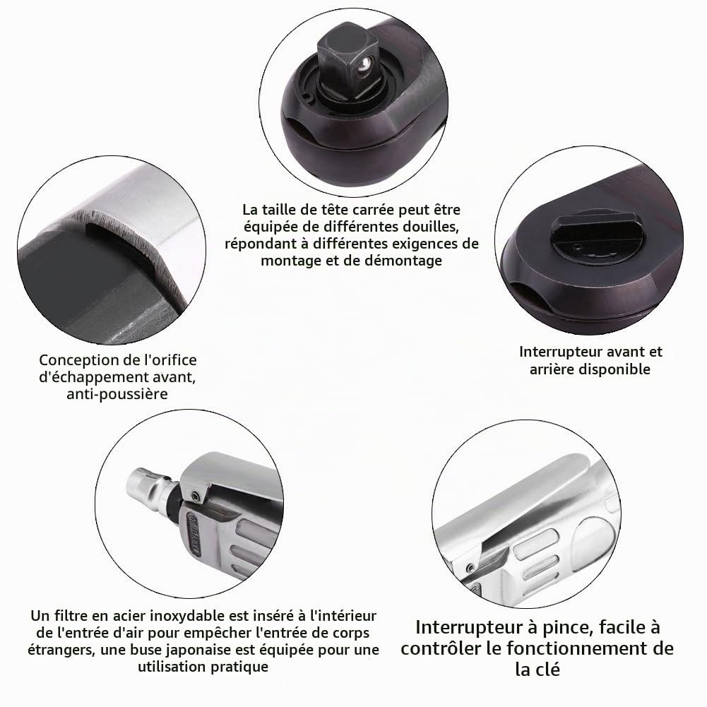 Clé à Cliquet Pneumatique Robuste Tête Carrée 1/2 Pouce 12.5mm, Outil de Réparation Automobile pour Dépose Rapide des Écrous