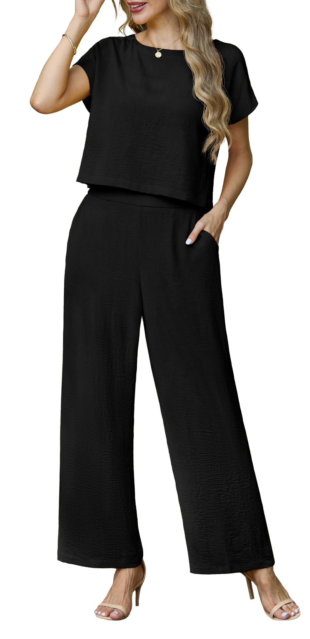 Lepunuo 2 Piece Sets for Women Summer Cap Sleeve Crop Top Wide Leg Pants Matching Lounge Set Vacation Beach Travel Outfits
