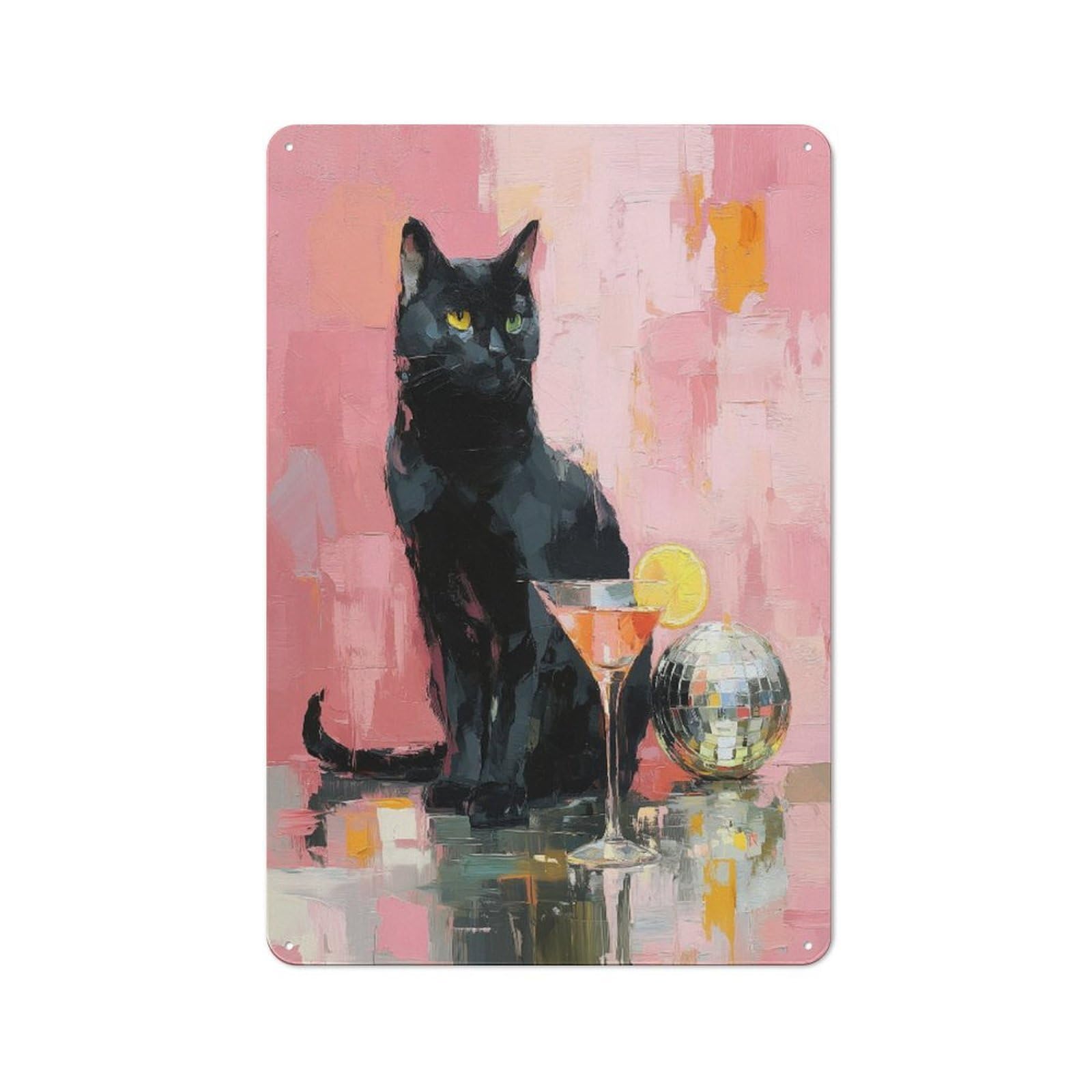 Junmoney Black Cat With Cocktail Metal Wall Sign 30X20cm Featuring For Bar Or Restaurant, For Themed Interiors In Bars And Restaurants