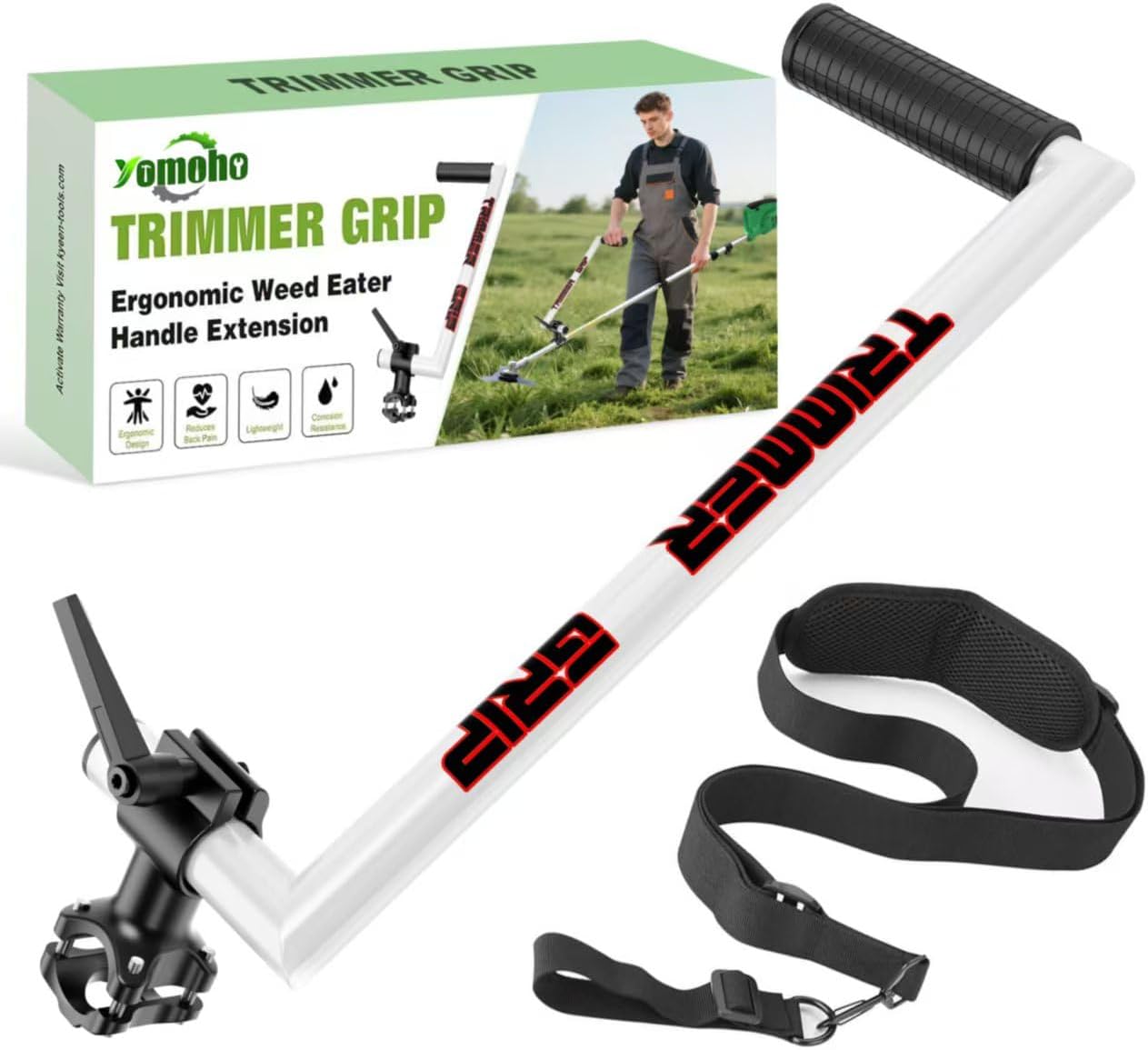 Upgraded Weed Eater Handle, Ergonomic String Trimmer Handle with Adjustable Shoulder Strap and Clamp, Weedeater Handle Extension for Lawn Care, Landscaping, and Yard Trimming Edging (17.1")