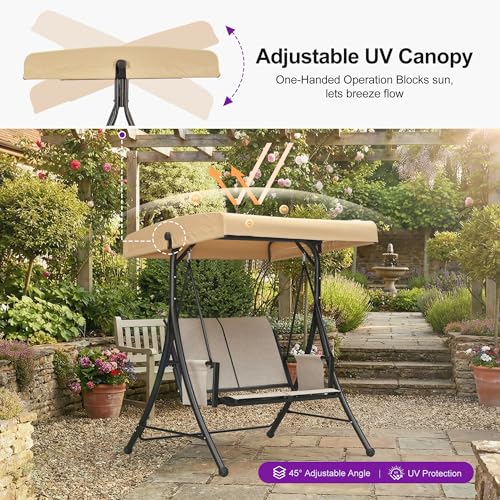 Image of PURPLE LEAF Porch Swing with Adjustable Tilt Canopy 2-Seat Patio Swing with Stand and Metal Steel Frame All-Weather Outdoor Swing Chair Seat Space-Saving for Backyard Garden Deck (Silver Grey)