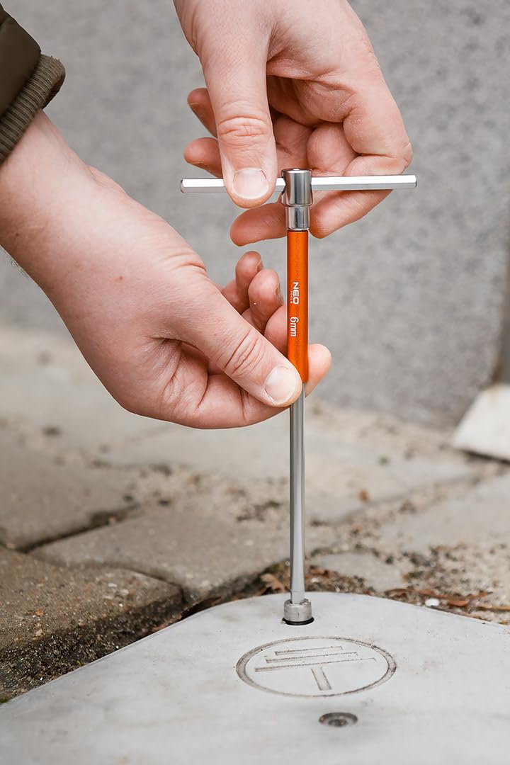 NEO TOOLS 10-teiliges Sechskant-Set, T-Griff Schlüsselsatz | Kombischaftschraubenschlüssel 10 Innensechskantschlüssel (HEX): 2 mm bis 10 mm mit Metallständer