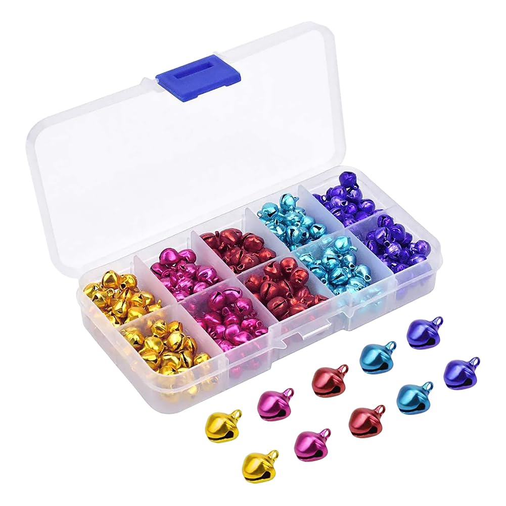 HugeDE 300 Pcs 8mm 5 Colors Small Metal Jingle Bells Mini Craft Bells Tiny Christmas Decoration Bells Jewelry Making Bells with Plastic Storage Box