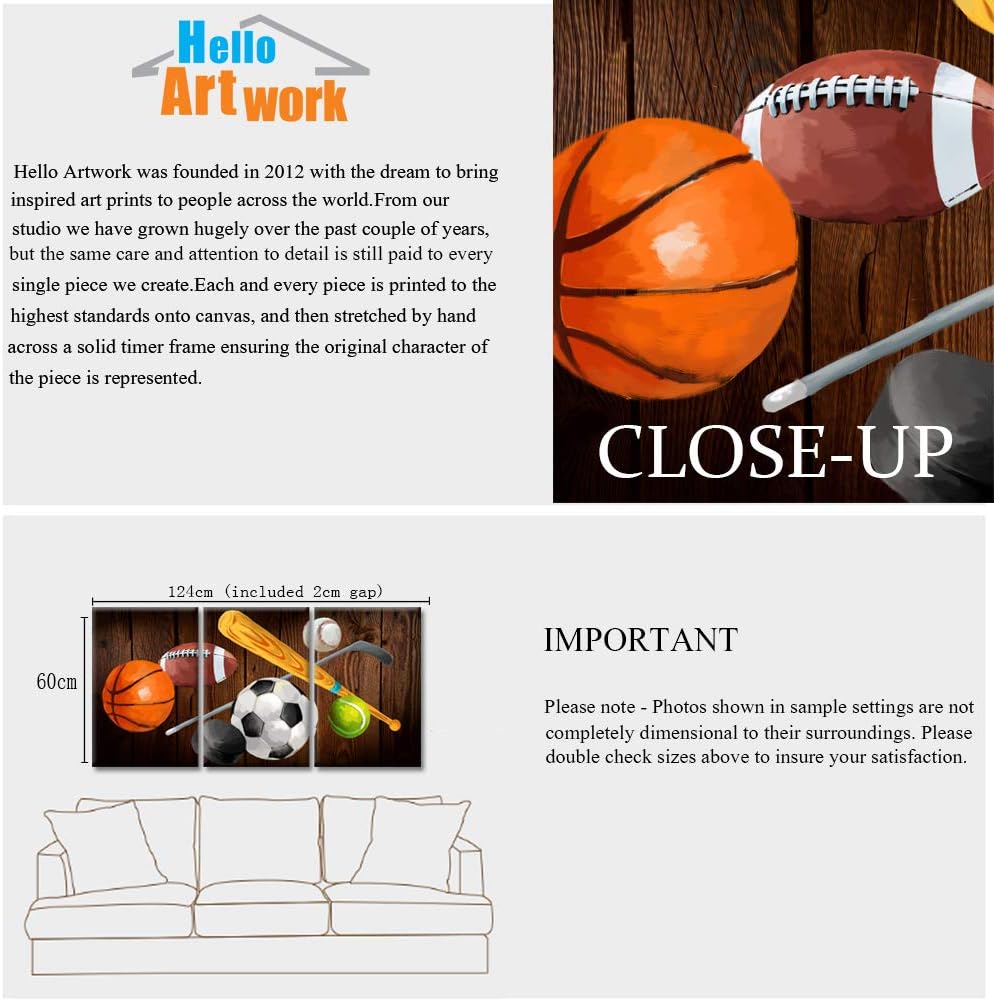 3 Pieces Vintage Sports Canvas Wall Art Basketball Football Baseball Soccer Hockey Balls Picture Prints for Living Room Bedroom Office Ready To Hang 16x24inchx3pcs