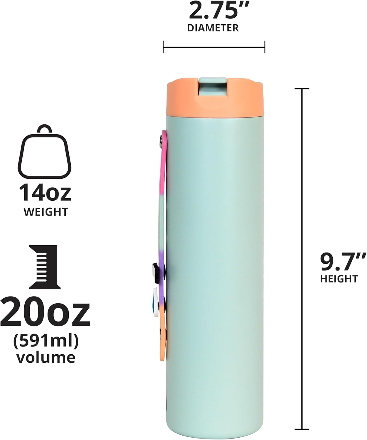 Elemental Iconic Kids Water Bottle with Straw Lid & Charms Strap, Leak-Proof When Closed, Triple Insulated Stainless Steel Reusable Water Bottle - 20oz, Mint Sorbet