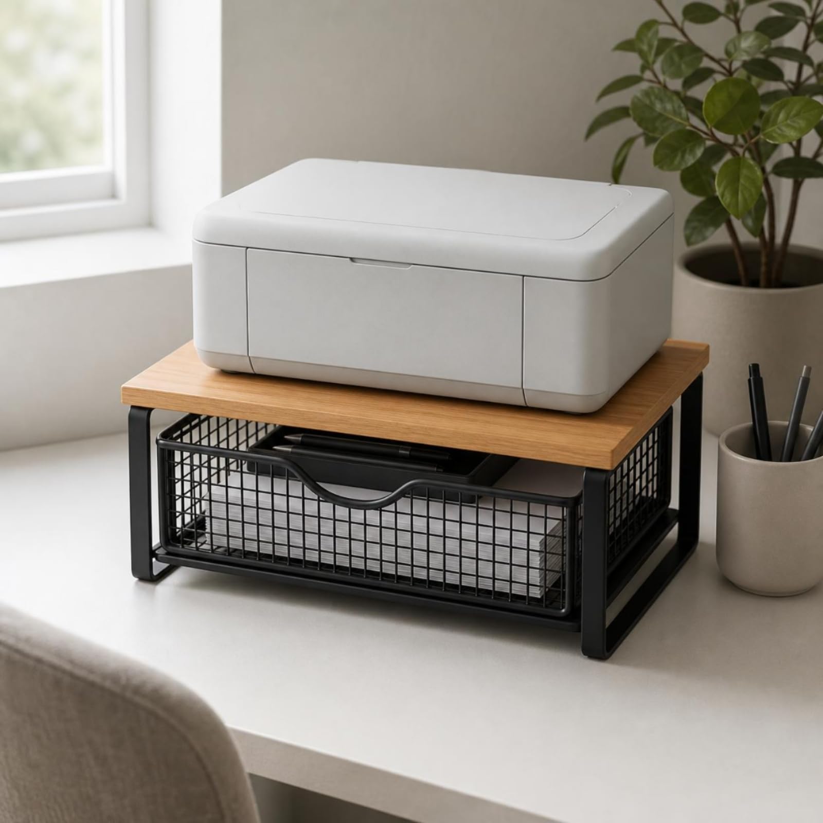 Organizer Scrivania Doppio Livello 2 Livelli Portaoggetti Cassetto Rete Struttura in Metallo Portaoggetti Multifunzione, Stile Nero, Noce, Con Cassetto, Rialzato Senza Installazione