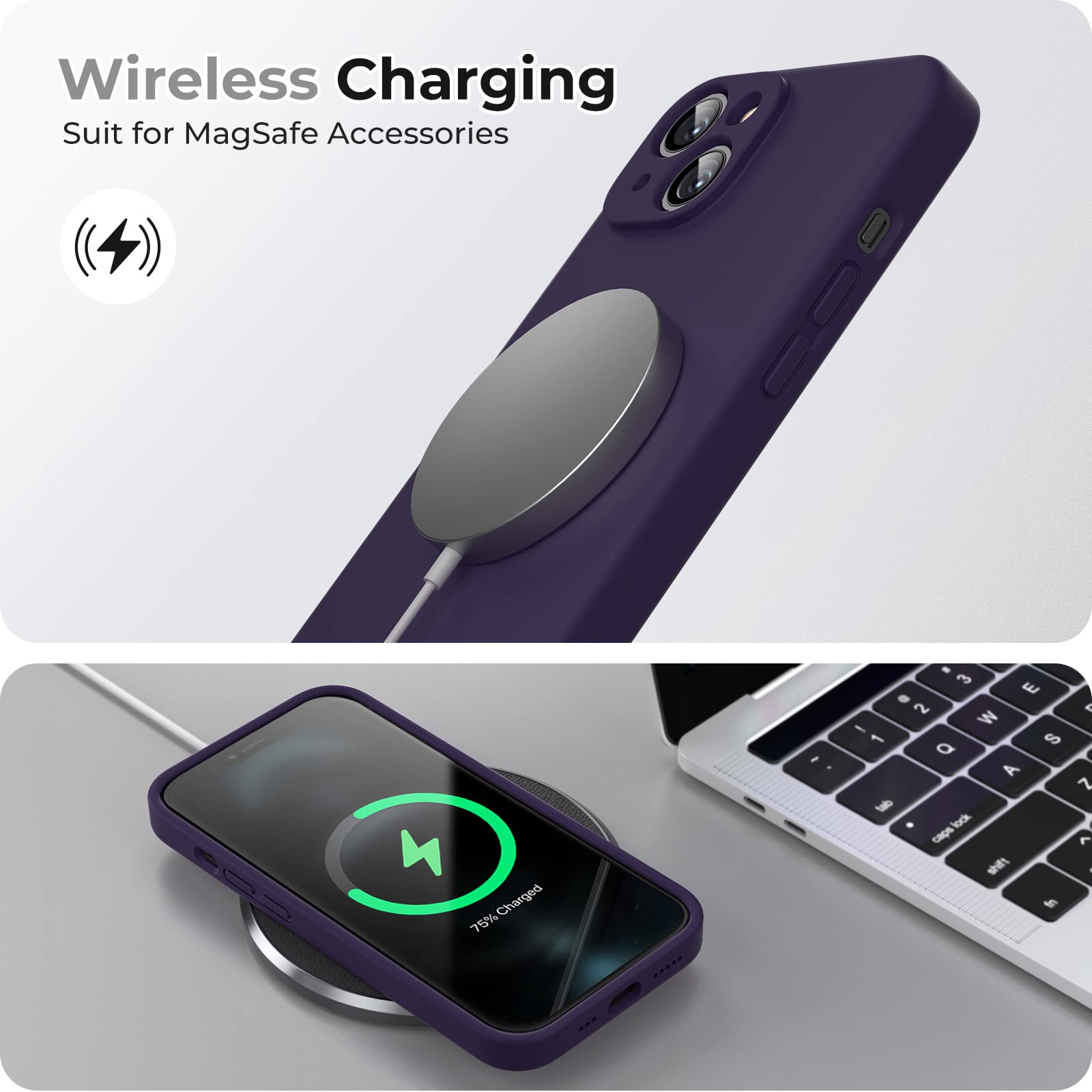GOODVISH 3 in 1 Cover in Silicone per iPhone 14 6,1'' (2022), con 2 Pezzi di Pellicola Protettiva, Custodia per Cellulare Ultra Sottile Antiurto Resistente Protezione Fotocamera, Viola Scuro