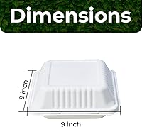 Vista 4 de Contenedores biodegradables para llevar de 9 pulgadas, paquete de 100, cajas compostables para llevar con tapa con bisagras integrada