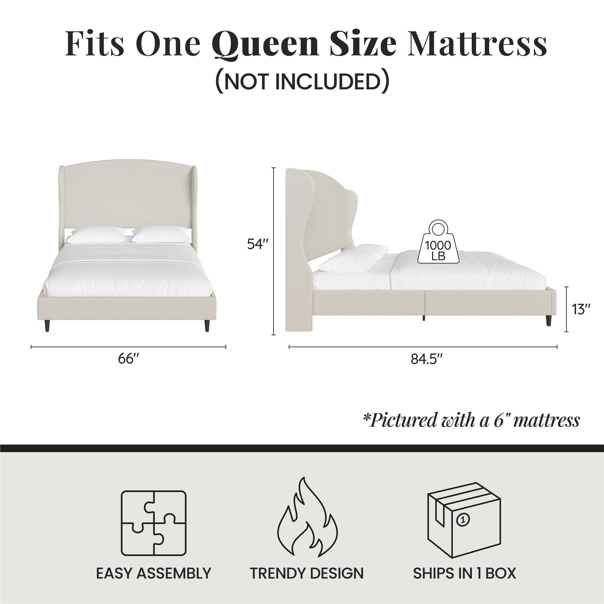 Diagram showing bed frame dimensions and key features like easy assembly, trendy design, and ships in 1 box