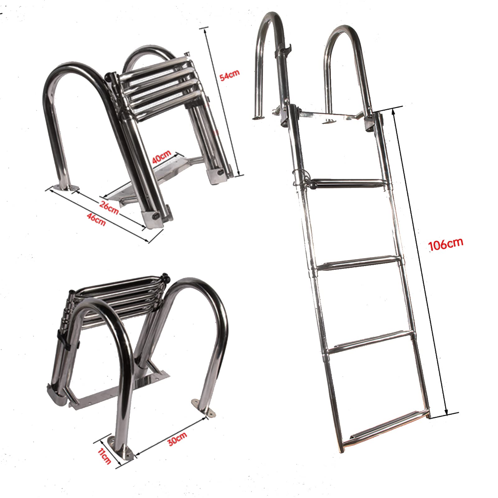 Échelle D'Embarquement Pliable 4 Marches - Acier Inoxydable 304, Charge 250 Kg, Antidérapante - Pour Piscine, Bateau