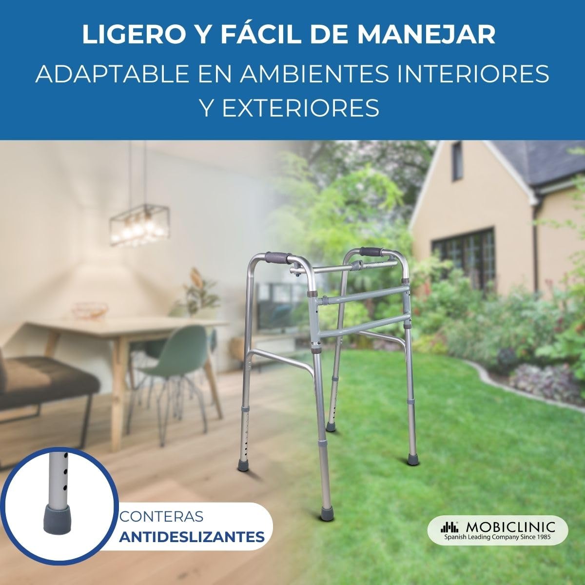 Mobiclinic®, Andador Plegable, Sin Ruedas, Mezquita, Ayuda a la Movilidad, Conteras Antideslizantes, Regulable en Altura, Plegable, Aluminio, Ultraligero, Peso Máximo 100 kg
