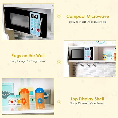 Miniatura 4 de Juego de cocina para niños, juego de cocina de madera con utensilios de cocina, fregadero extraíble, microondas, clavijas en la pared, estante