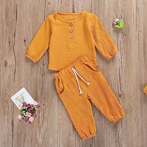 2Pcs Toddler Baby Boy Girl Clothes Cotton Linen Outfit Solid Color Long Sleeve T-Shirt Tops Elastic Waist Pants Set3