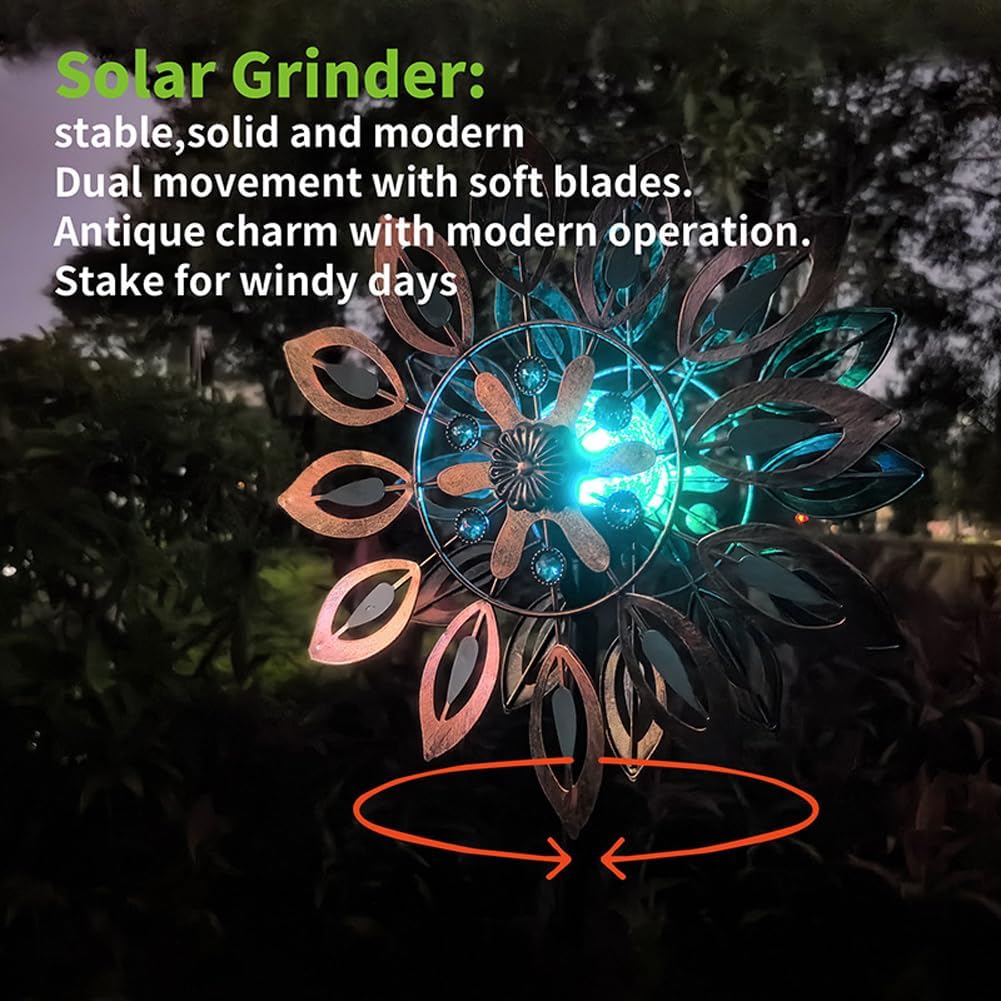 Metal Garden Decor Solar Wind Spinners,360° Swivel Kinetic Flower Sculpture with 6 Colors LED Lights,75" Solar Windmill Garden Ornament for Yard Lawn (Brown)