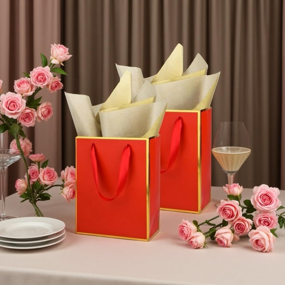 UoeRing 25 Pack Thank You Gift Bags with Handles 9.5x7.5x3.75 inch Gift Bags Medium Size Gift Bag with Tissue Paper and Card for Wedding Birthday Bridesmaid Holidays Mother's Day (Red Gold) - Image 2