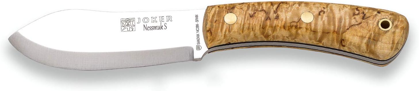 Joker Knife Nessmuk S 132, 4.3 in. Blade Sandvik 14C28N, Birch and Walnut Handle, Brown Leather Sheath, Fishing, Hunting, Camping and Trekking Tool (Curly Birch Wood, Leather Sheath)