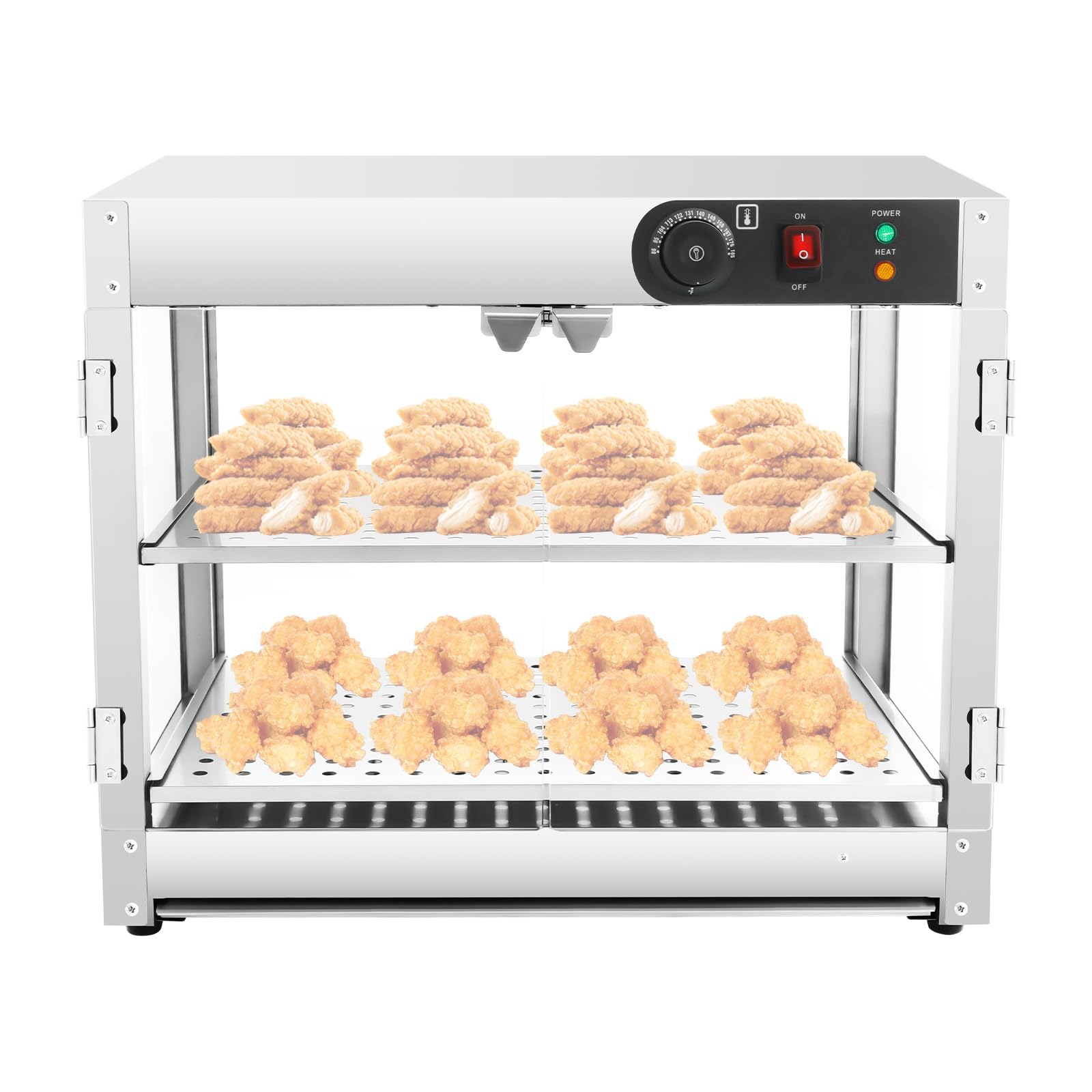 Vetrina calda, scaldavivande elettrica in acciaio inox 201, 2 ripiani da 800 W, portata di calore 30 ~ 85 °C, ripiano 50 x 30 cm, distanza tra i livelli 14 cm