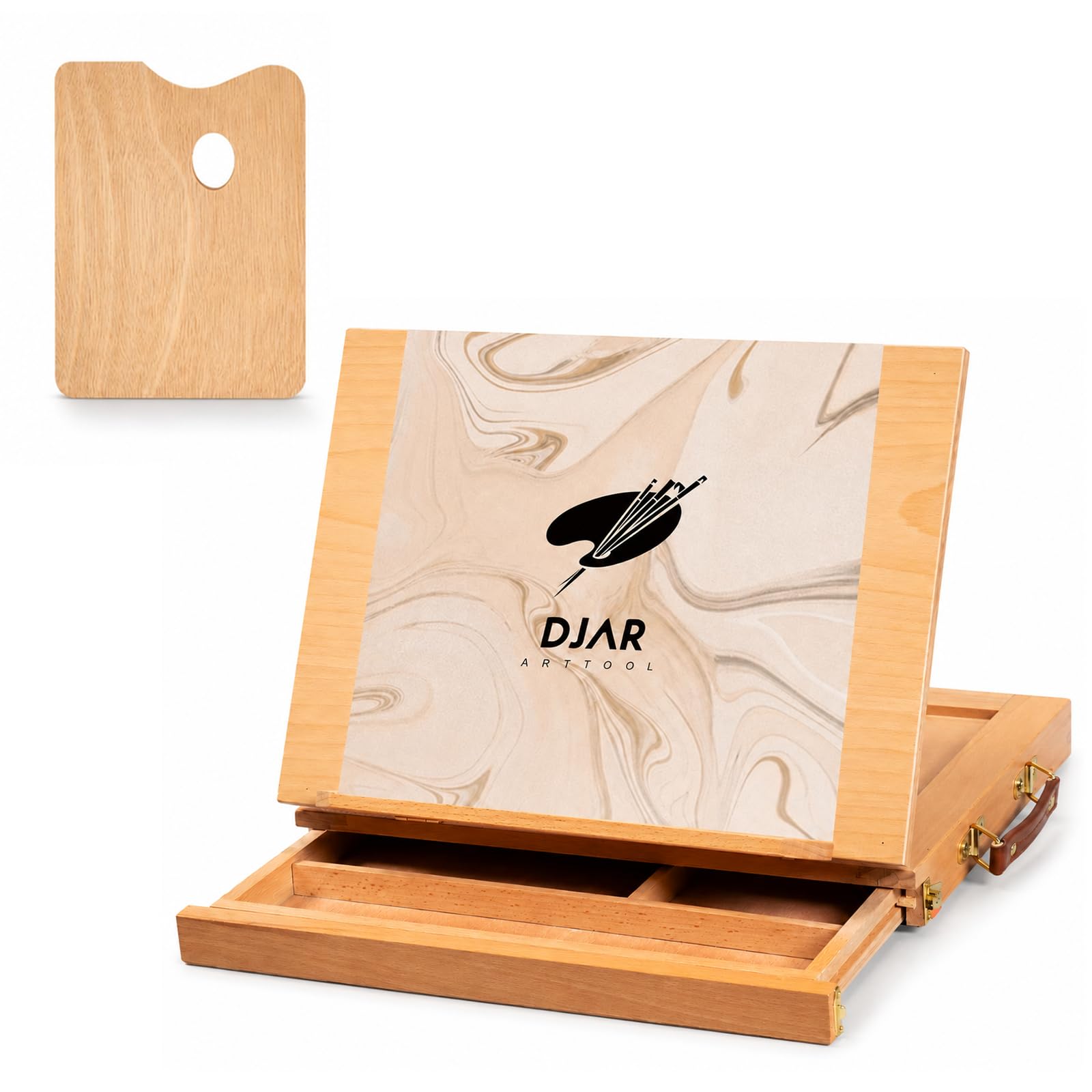 DJAR Chevalet de Table Réglable, Boîte à Croquis en Bois de Hêtre avec Tiroir de Rangement et Palette, Pour Toiles jusqu'à 28 x 36 cm, Naturel