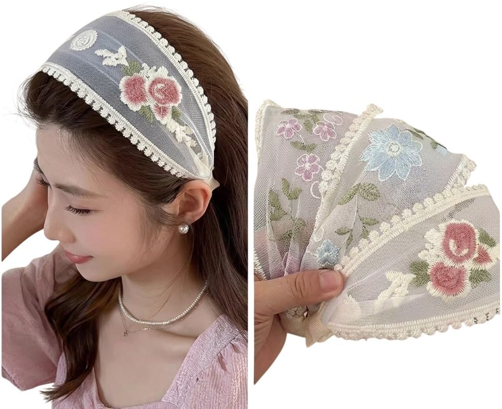 2 Pcs Fashionable Wide Floral Embroidered Headband for Women Lace Hairband for Holiday Parties & Festive Events for Girls and Women-picture-34