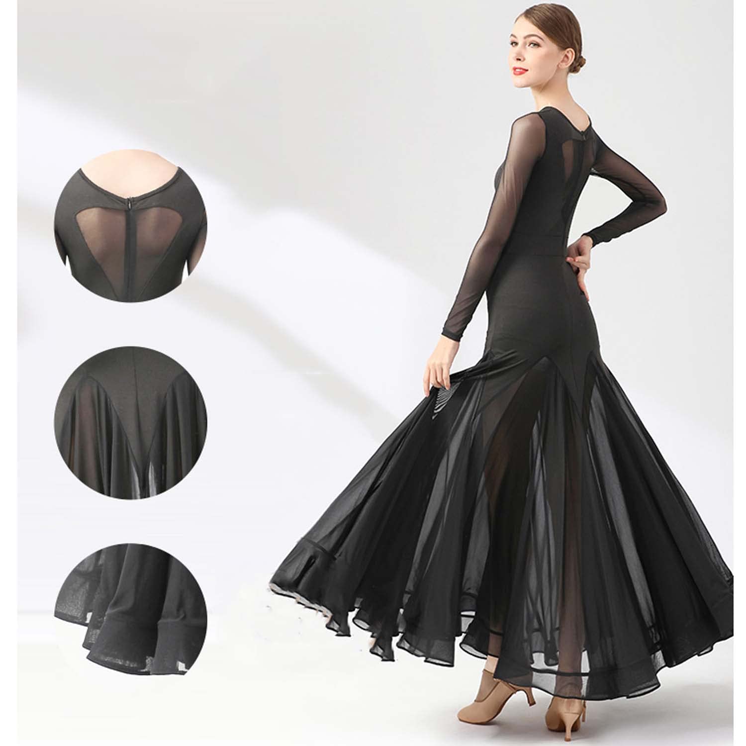 Abiti da Ballo per Allenamento di Valzer da Donna Maniche Lunghe con Rete Abiti da Ballo da Sala Gonna A Trapezio per Danza Moderna Costumi per Spettacoli di Banchetti