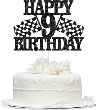 Glitter Car Cake Topper Happy 9th Birthday Cake Topper, Racing Car Checkered Flag Themed Kids Boy Girl Happy Birthday/Baby Shower Party Supplies