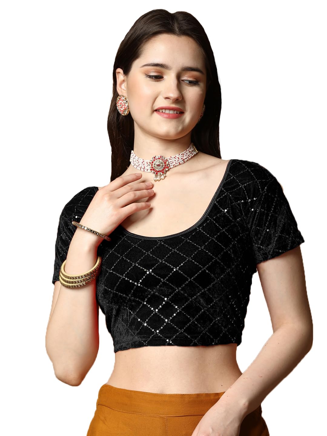 Pujia MillsWomen's Velvet Lycra Stretchable Readymade Saree Blouse