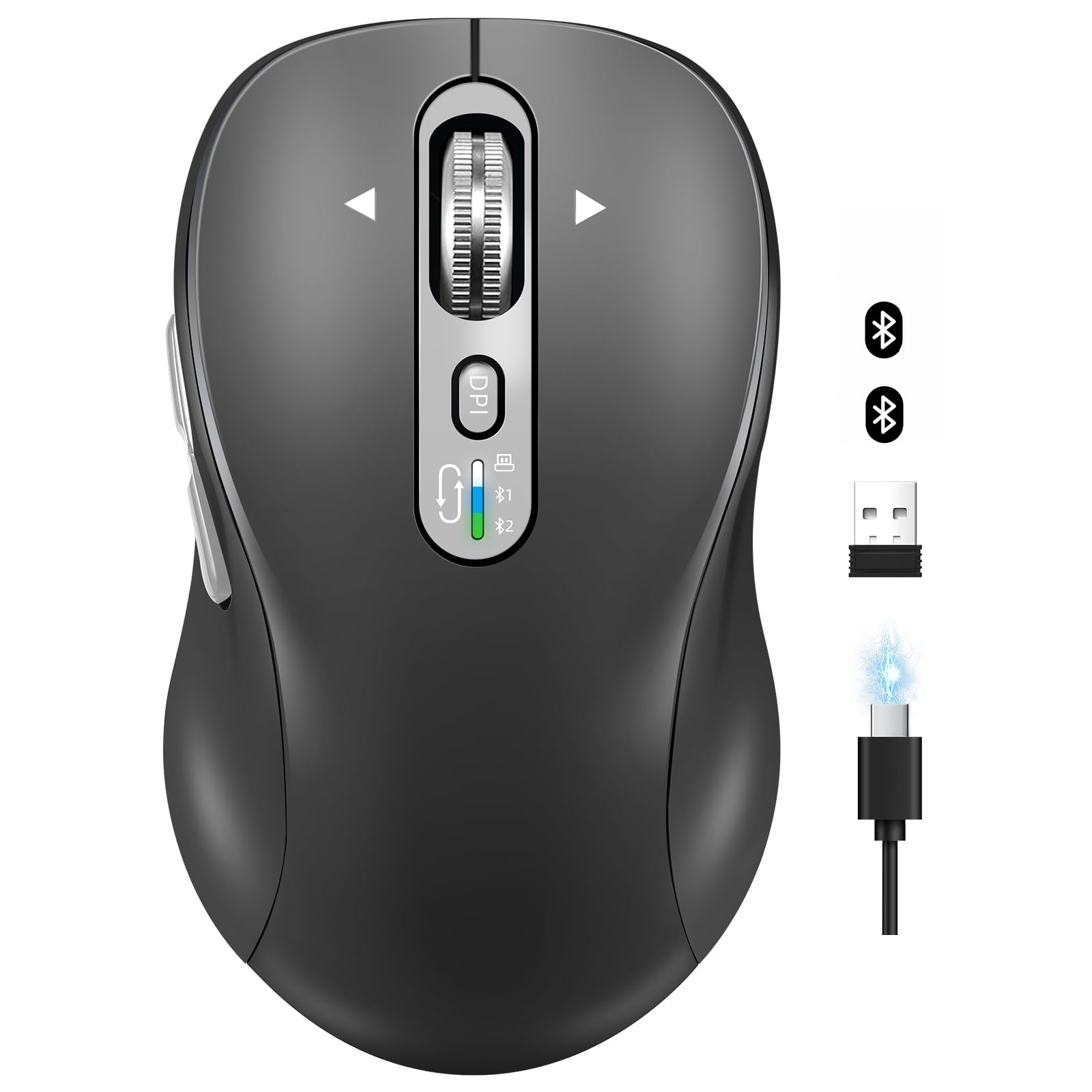 Wireless Bluetooth Mouse, Portable Rechargeable, Multi-Device,4-Level DPI,USB-A Receiver and Two Bluetooth, Multi-System,4-Way Scrollig for MacBook Air/Pro, iPad, Laptop, Computer. (Grey)