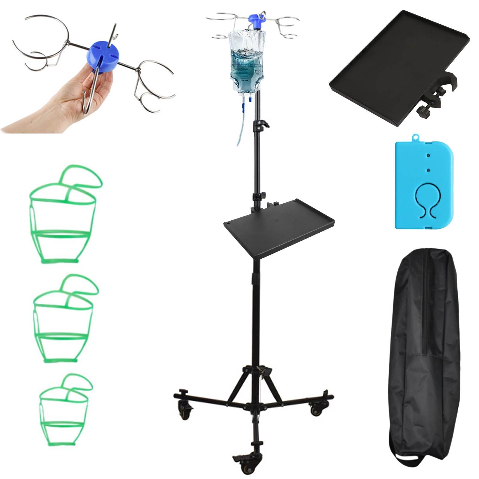 Support à perfusion à 3 roues Rolling IV avec alarme, support pliable pour perfusion avec 3 poches en filet et plateau en métal, hauteur réglable de 90 à 190 cm, porte-sachets de perfusion pour