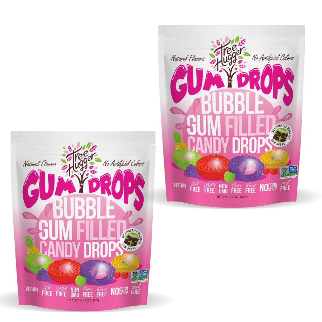 Tree Hugger Bubble Gum Filled Candy Drops | Chewy Gum Center Candy (No Stick) | Assorted Fruit Flavors: Sour Apple, Pineapple, Cherry & Grape | Vegan, Gluten-Free, No Artificial Colors or Flavors | Resealable Bag