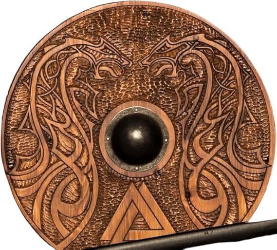 Medieval Viking Shield Hand-Carved Dragon Design, Battle-Worn Norse Knight Wooden Shield with Iron Accents for Roleplay & Cosplay Brown