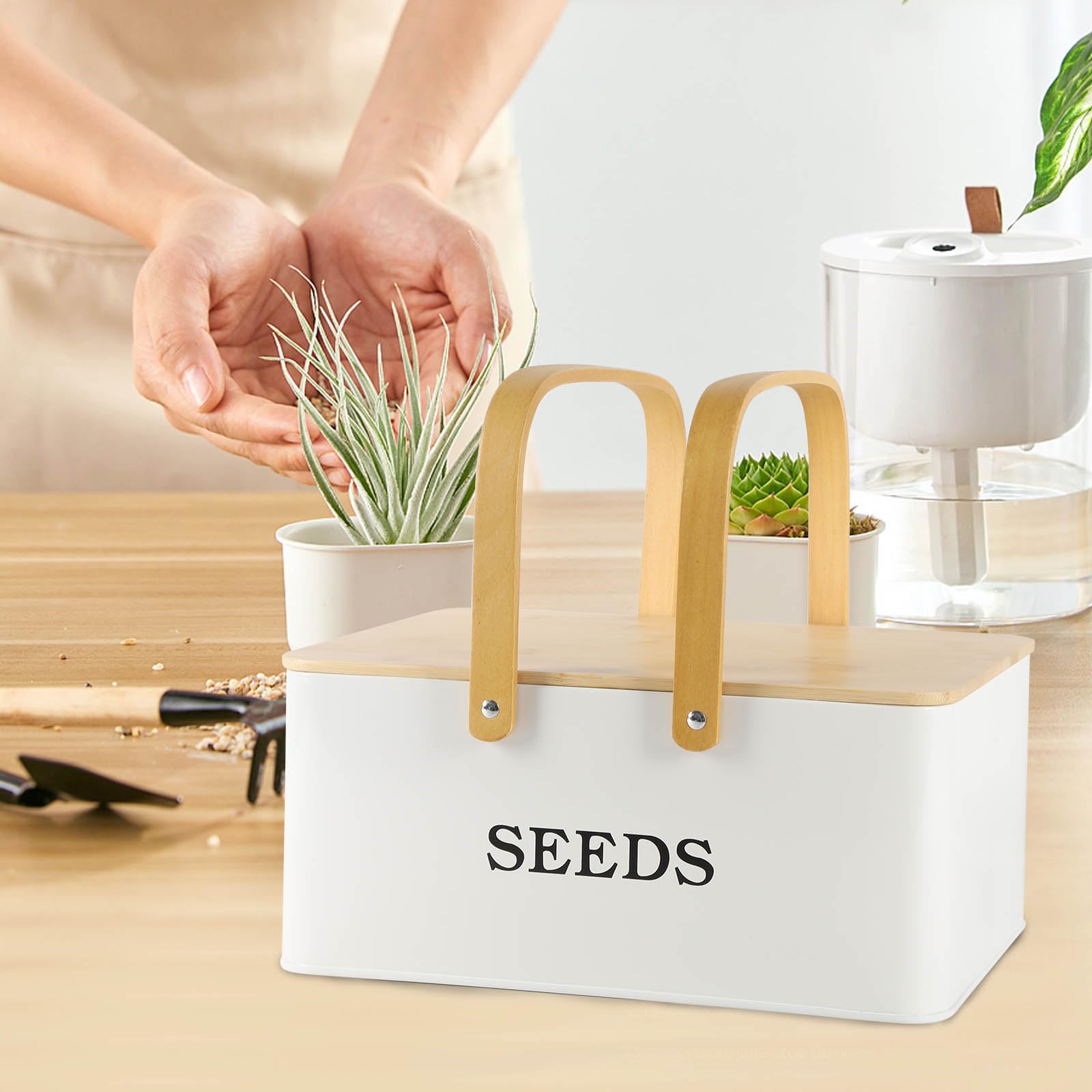 Boîte à semences, boîte de rangement de graines avec couvercle en bois, boîte de rangement en métal avec poignées, boîte de rangement à 4 compartiments, boîte de rangement de semences,