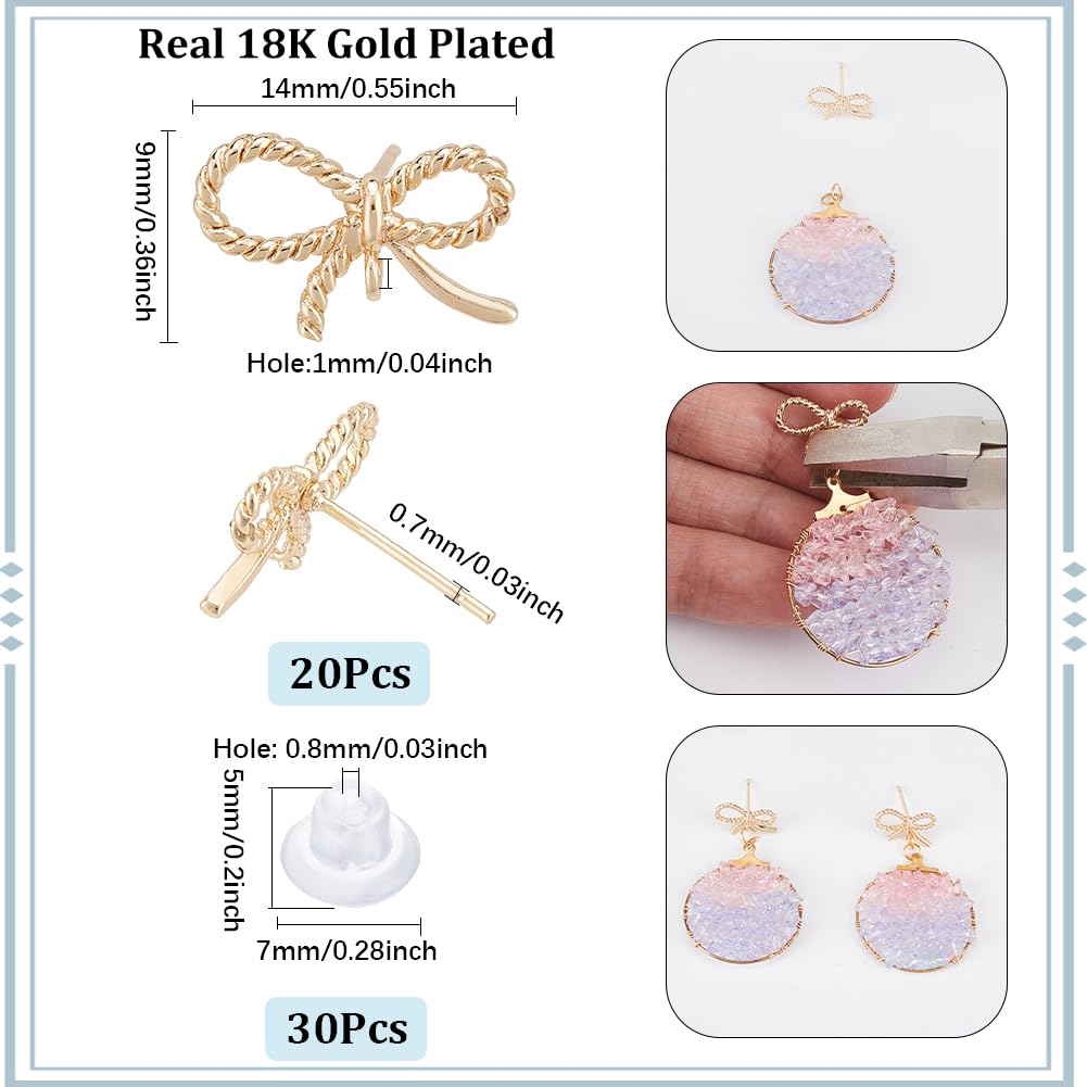 SUNNYCLUE 1 Box 50Pcs Real 18K Gold Plated Post Earring Findings Bowknot Earrings Findings Earring Stud with Hole Stud Earrings for Jewelry Making Accessories DIY Dangle Earrings Supplies Women