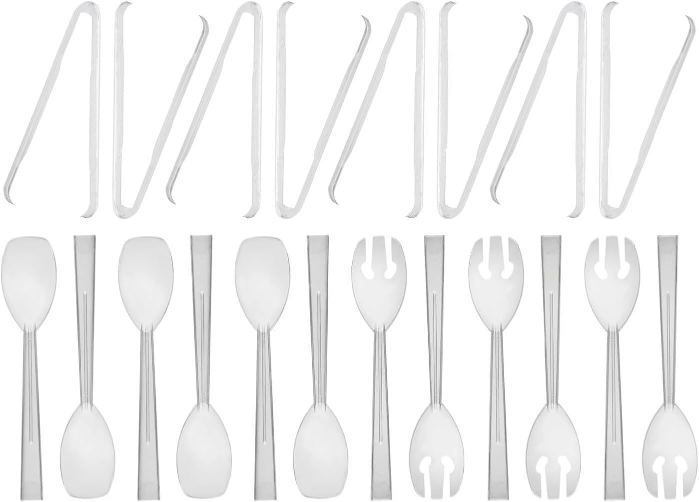 Party Essentials Plastic Party Buffet Serving Utensils Kit, Spoons/Forks/Tongs, 20-Piece, Clear
