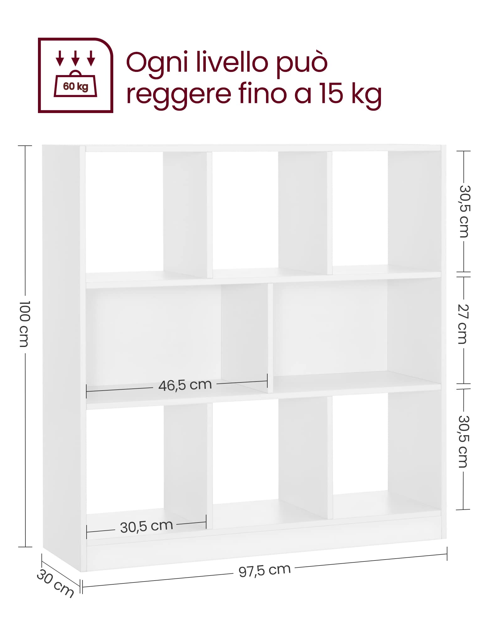 VASAGLE Libreria, Libreria Scaffale da Terra con 8 Scomparti Aperti, Utilizzabile in Orizzontale, Verticale o Capovolto, 30 x 97,5 x 100 cm, Soggiorno Studio Ufficio, Bianco LBC52WT